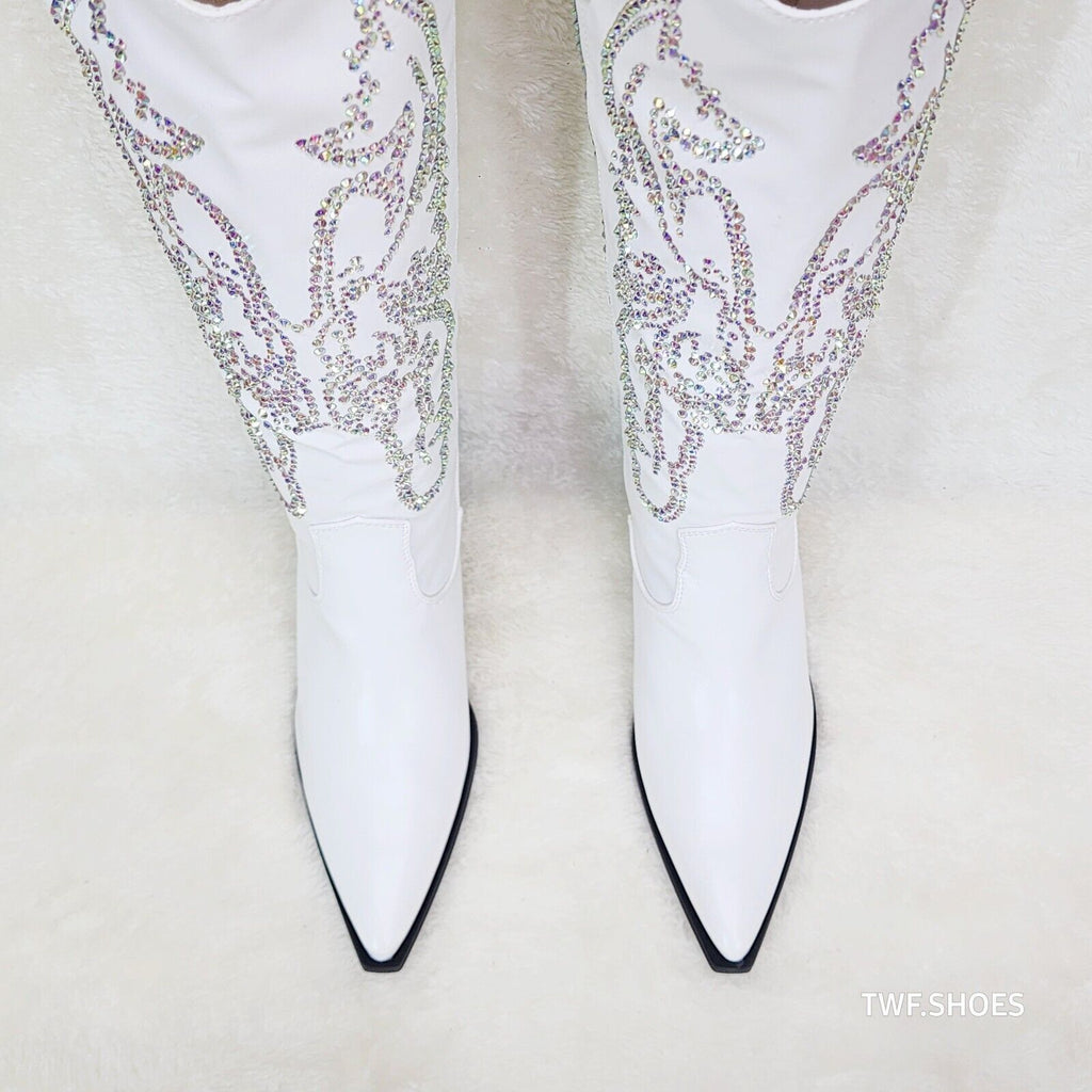 Razzle White Country Western Cowgirl Knee Boots Rhinestone Dazzle - Totally Wicked Footwear