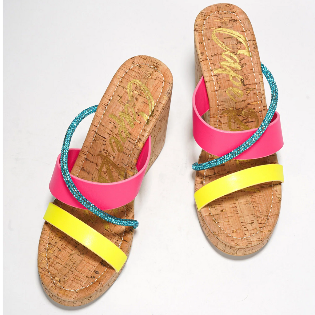 Xando Slip On Cork Wedge Slides Multi Size Triple Straps Neon Rhinestones - Totally Wicked Footwear