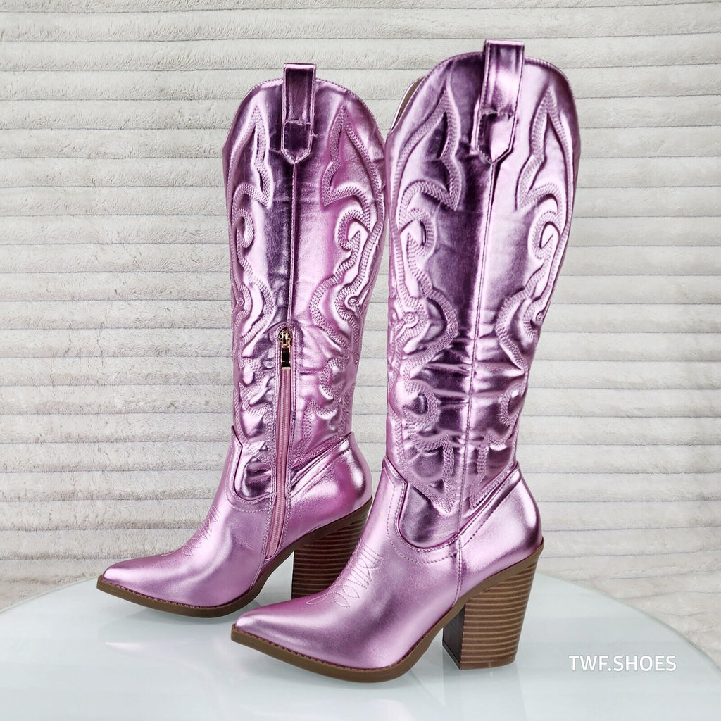 Electric Cowboy Metallic Matte Western Knee High Cowgirl Boots Baby Pink - Totally Wicked Footwear