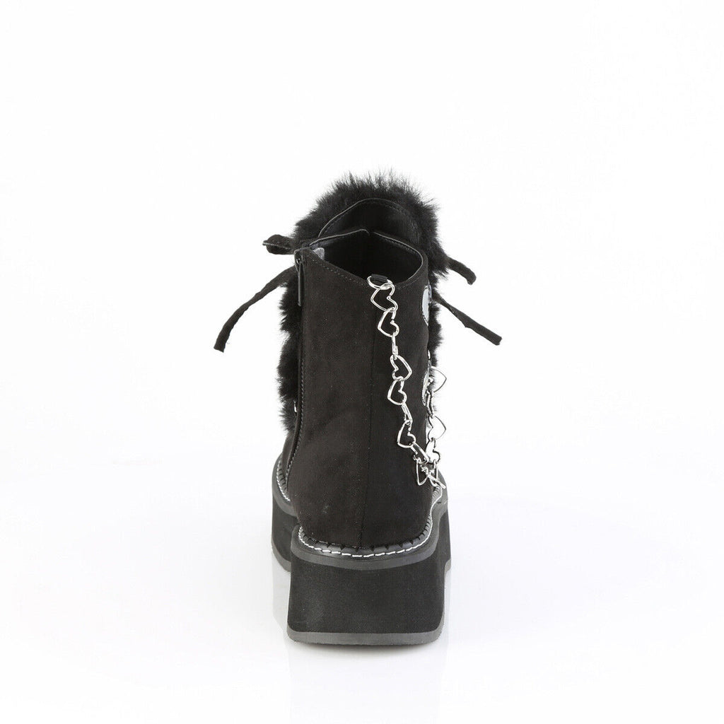 Emily Black Furry Heart Chain Goth 2" Platform Ankle Boots 55 Faux Fur - Totally Wicked Footwear