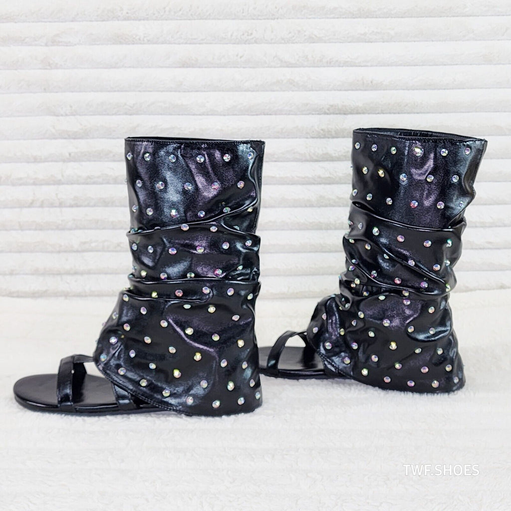 Fabulous Metallic Black Upper & Rhinestones Sandal Slouch Boots Shooties - Totally Wicked Footwear