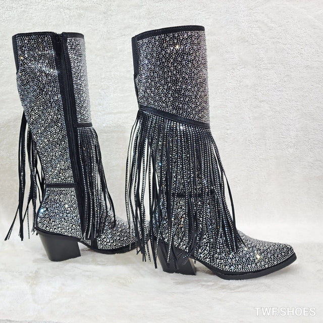 Western Diva Black Asymmetrical Fringe Rhinestone Glam Cowgirl Boots - Totally Wicked Footwear