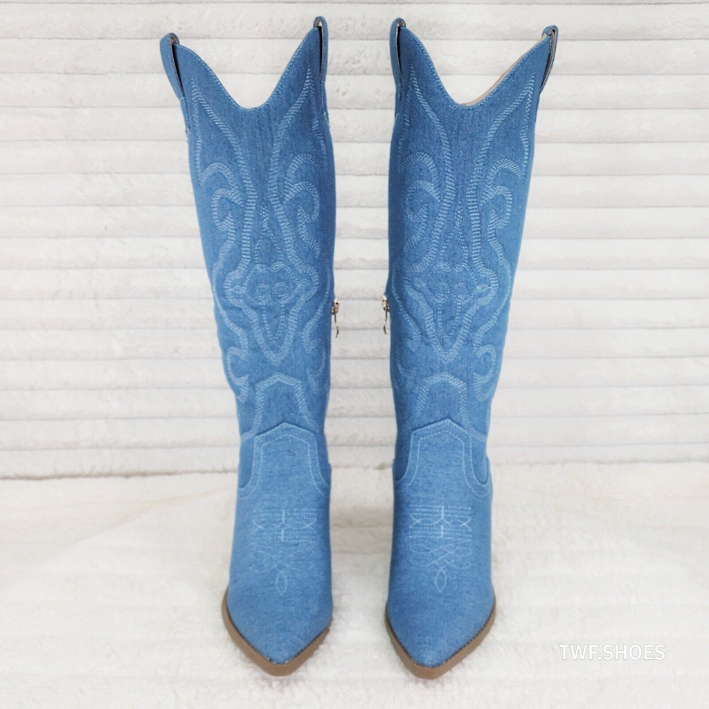 Electric Cowboy Medium Denim Stitched Western Knee High Cowgirl Boots - Totally Wicked Footwear