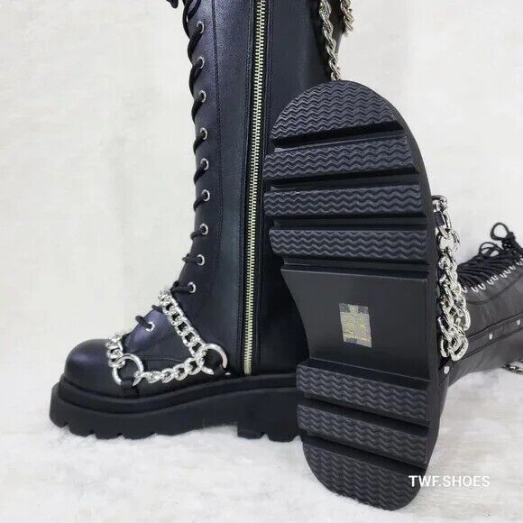 Renegade Lace Up Draped Chain Combat Knee High Boots Goth Punk Rocker Biker Boot - Totally Wicked Footwear