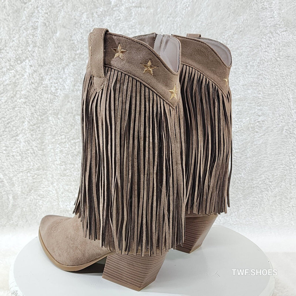 Dusty Mid Calf Coco Taupe Fringe Country Western Cowgirl Boots - Totally Wicked Footwear