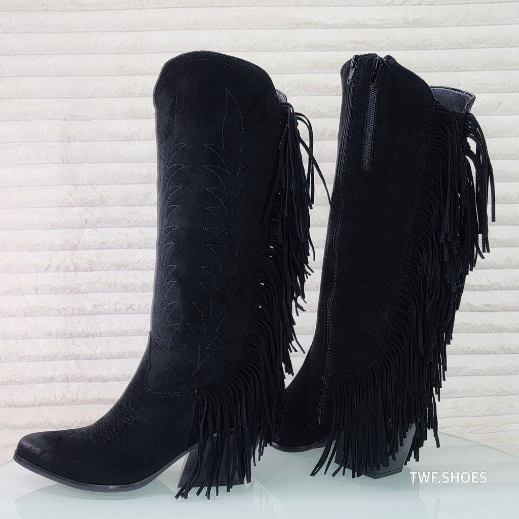 Dusty Roads Black Faux Suede Back Fringe Western Cowgirl Boots - Totally Wicked Footwear