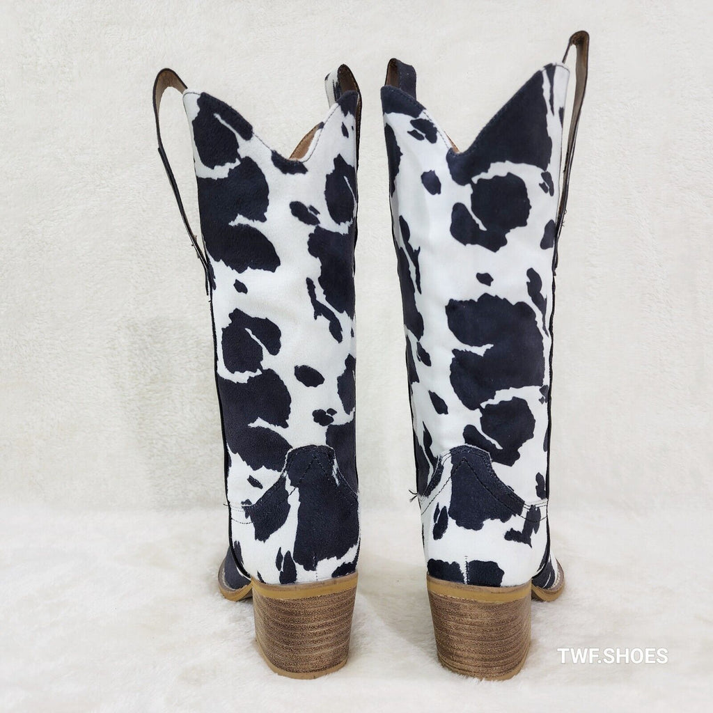 Western Rancher Faux Suede Black White Cow Print Cowboy Pull On Cowgirl Boots - Totally Wicked Footwear