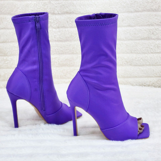 Bold Purple Stretch Square Open Toe High Heel Ankle Boots - Totally Wicked Footwear