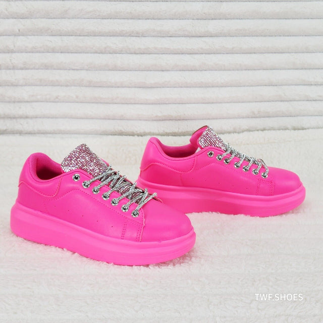 Comfy Cush 4 Bright Neon Hot Pink Rhinestone Fashion Sneakers Tennis Shoes - Totally Wicked Footwear