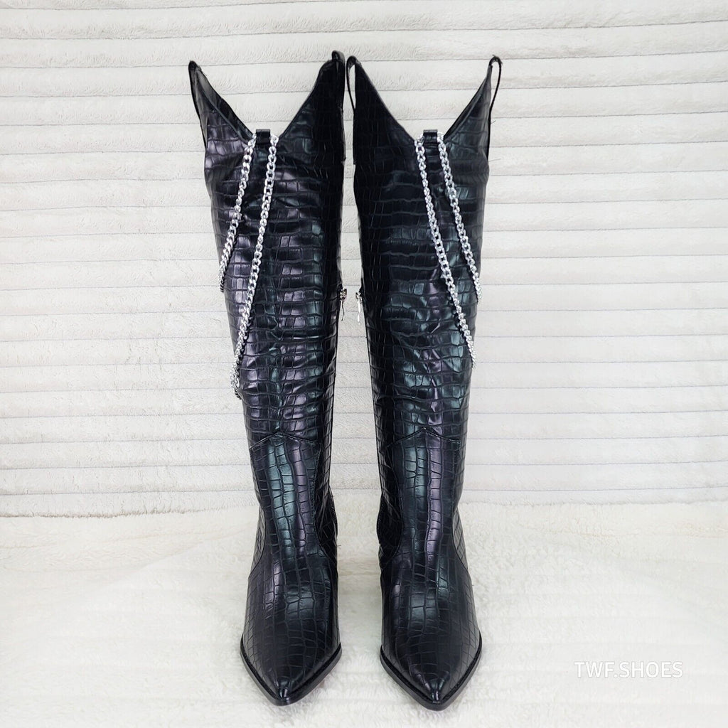 Dallas Black Snake Texture Western Knee High Draped Chain Cowgirl Boots - Totally Wicked Footwear