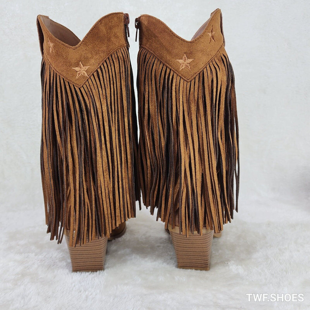 Dusty Trails Mid Calf Whiskey Brown Fringe Country Western Cowgirl Boots - Totally Wicked Footwear