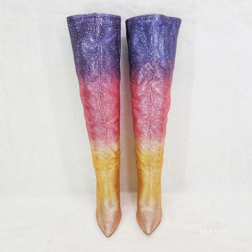 Vegas Gold Ombre Rhinestone OTK Thigh boots 4.25" Heels Party Boots Pink Purple - Totally Wicked Footwear