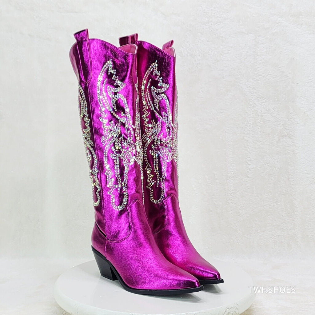 Razzle Metallic Pink Fuchsia Country Western Cowgirl Knee Boot Rhinestone Dazzle - Totally Wicked Footwear