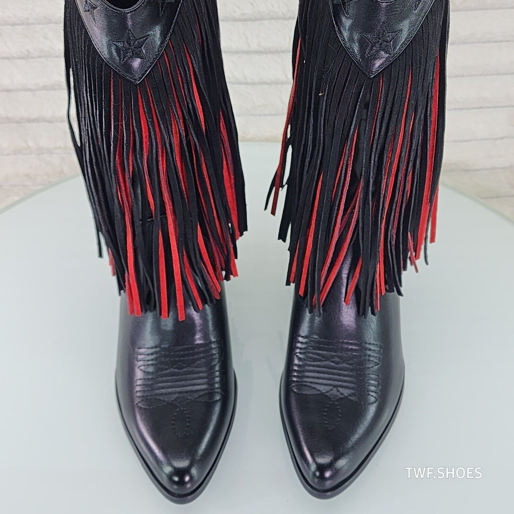 Dusty Roads Mid Calf Black and Red Fringe Country Western Cowgirl Boots - Totally Wicked Footwear