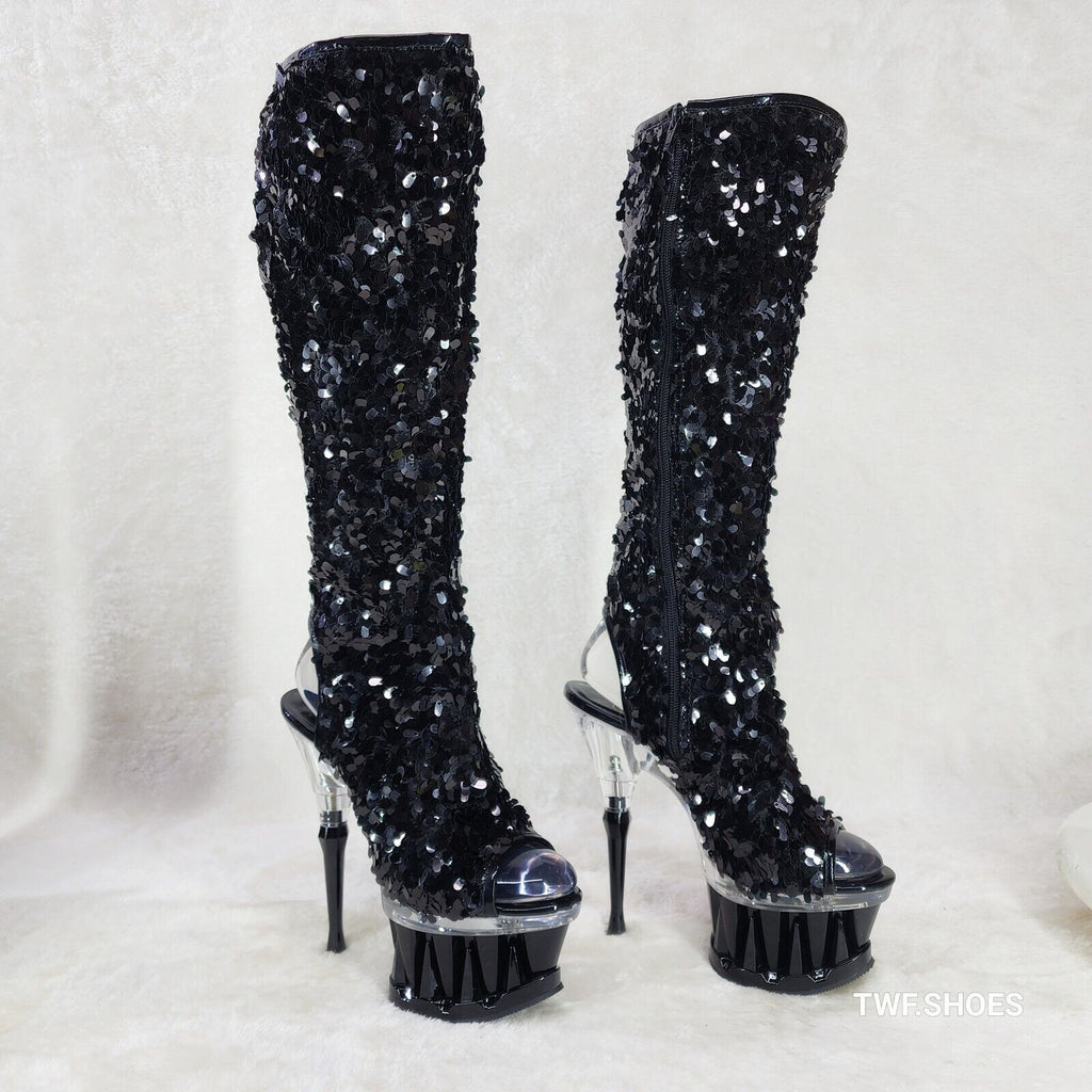 Pleaser Spiky Black Sequin Knee Boots Spiked Design Platform - Totally Wicked Footwear