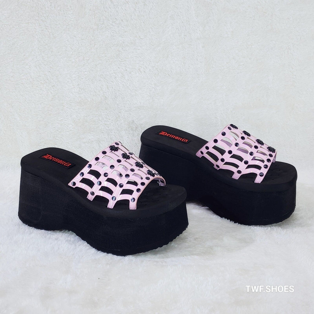 Funn Platform Goth Cut Out Web Sandals Spider Studs Slip On Shoes Pink Hologram - Totally Wicked Footwear