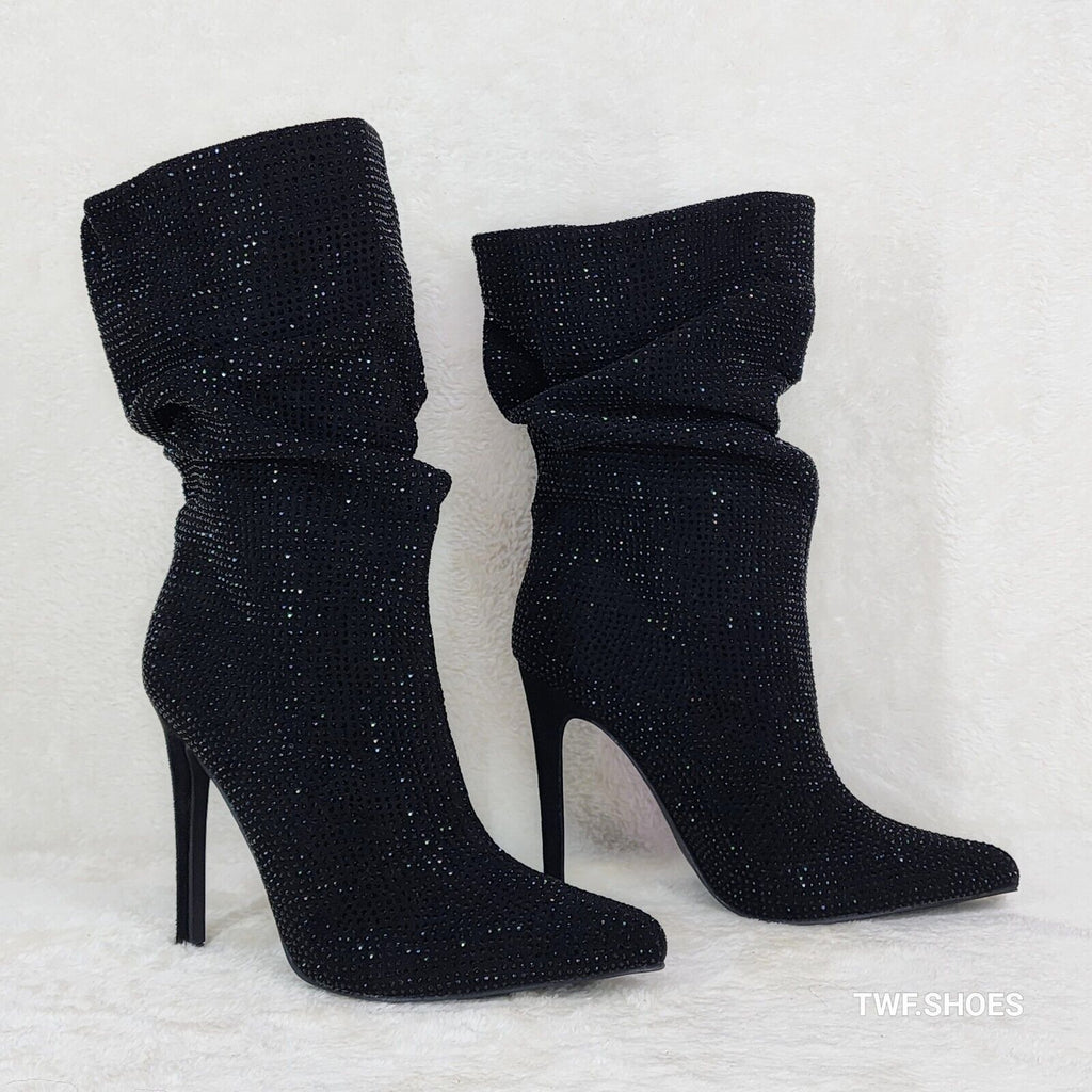 Resolve Sparkling Black Rhinestone High Heel Slouch Calf Boots New Years Bling - Totally Wicked Footwear