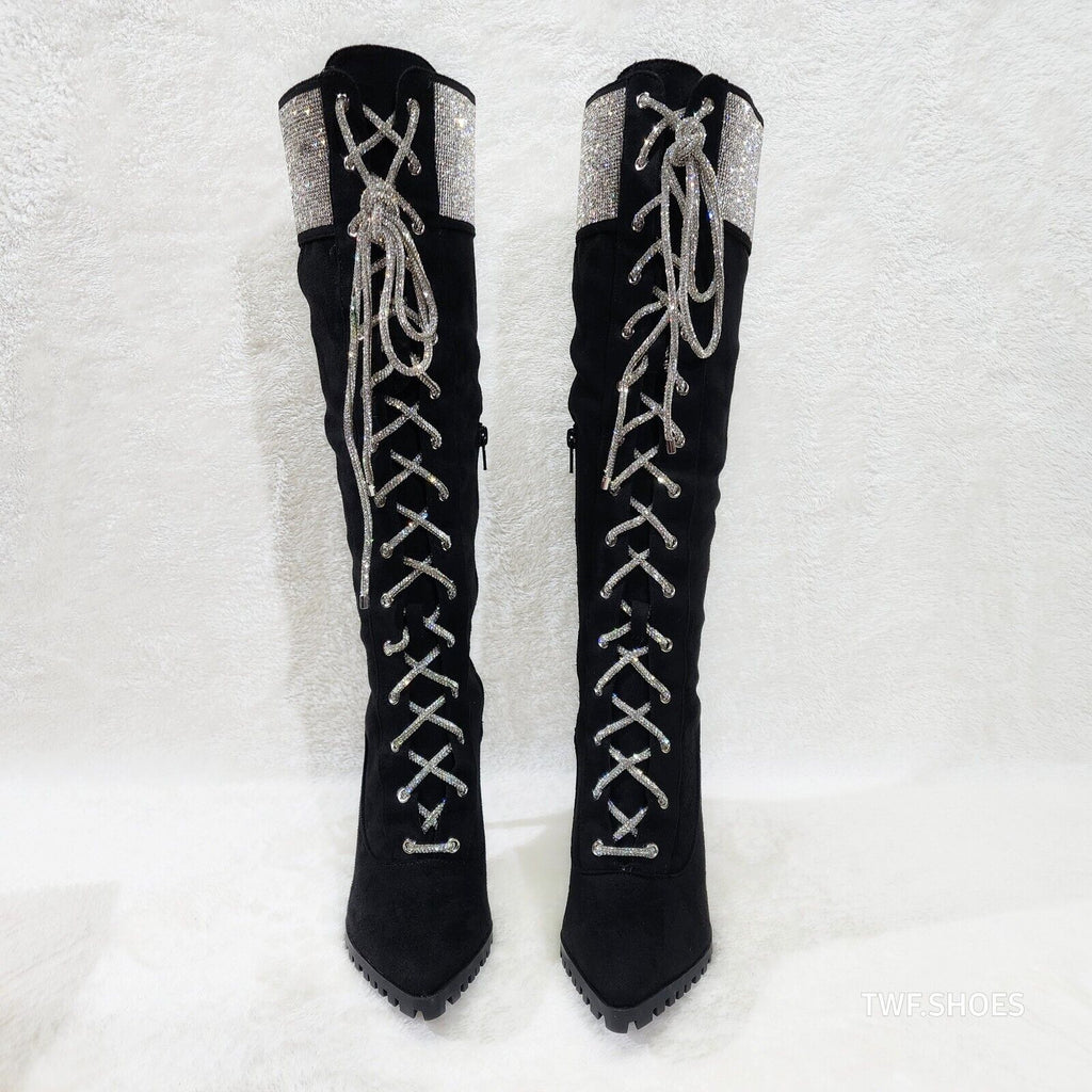 Queens FX Suede & Rhinestone Pointy Toe High Heels Stiletto Lace Up Knee Boots - Totally Wicked Footwear