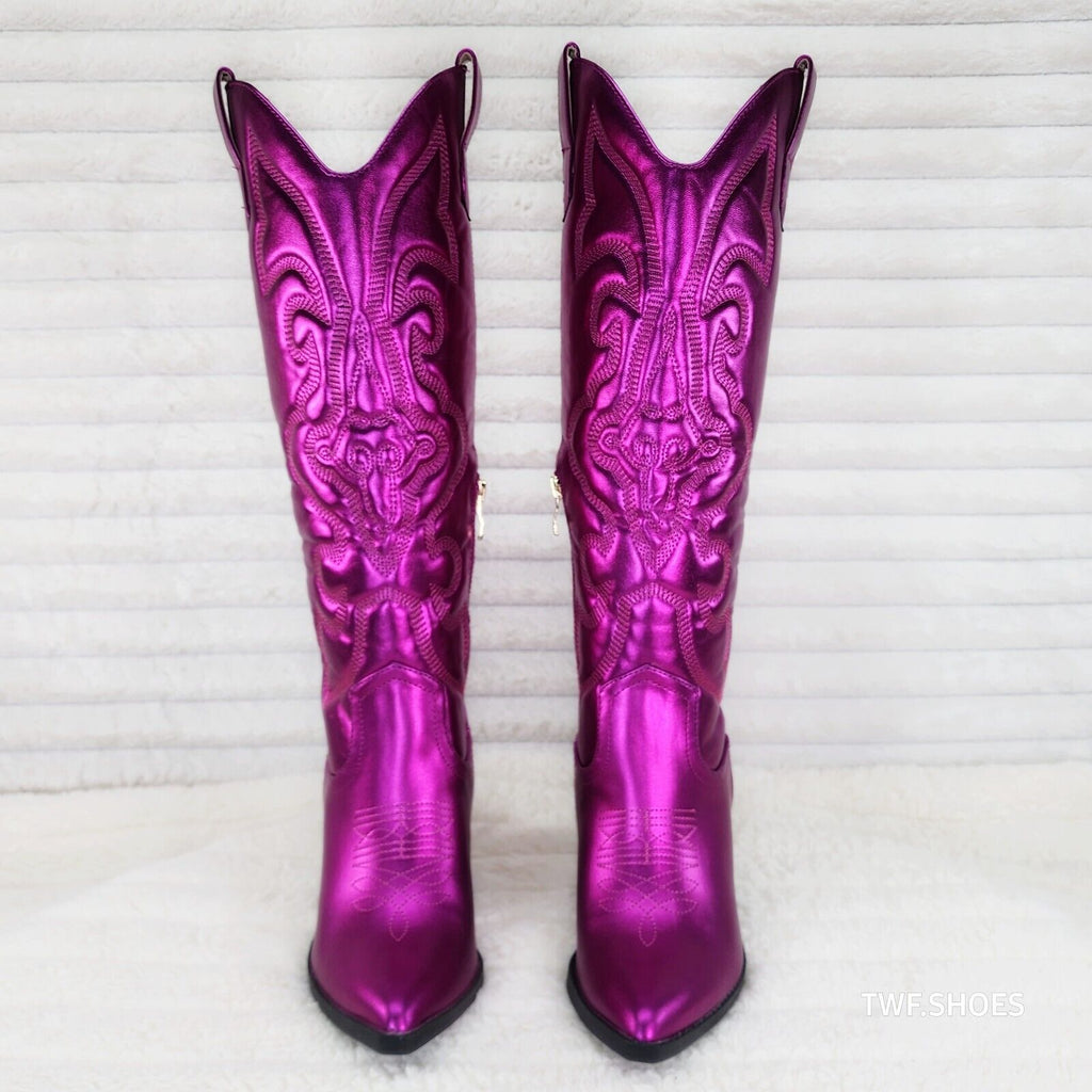 Electric Cowboy Metallic Matte Western Knee High Cowgirl Boots Hot Fuchsia Pink - Totally Wicked Footwear