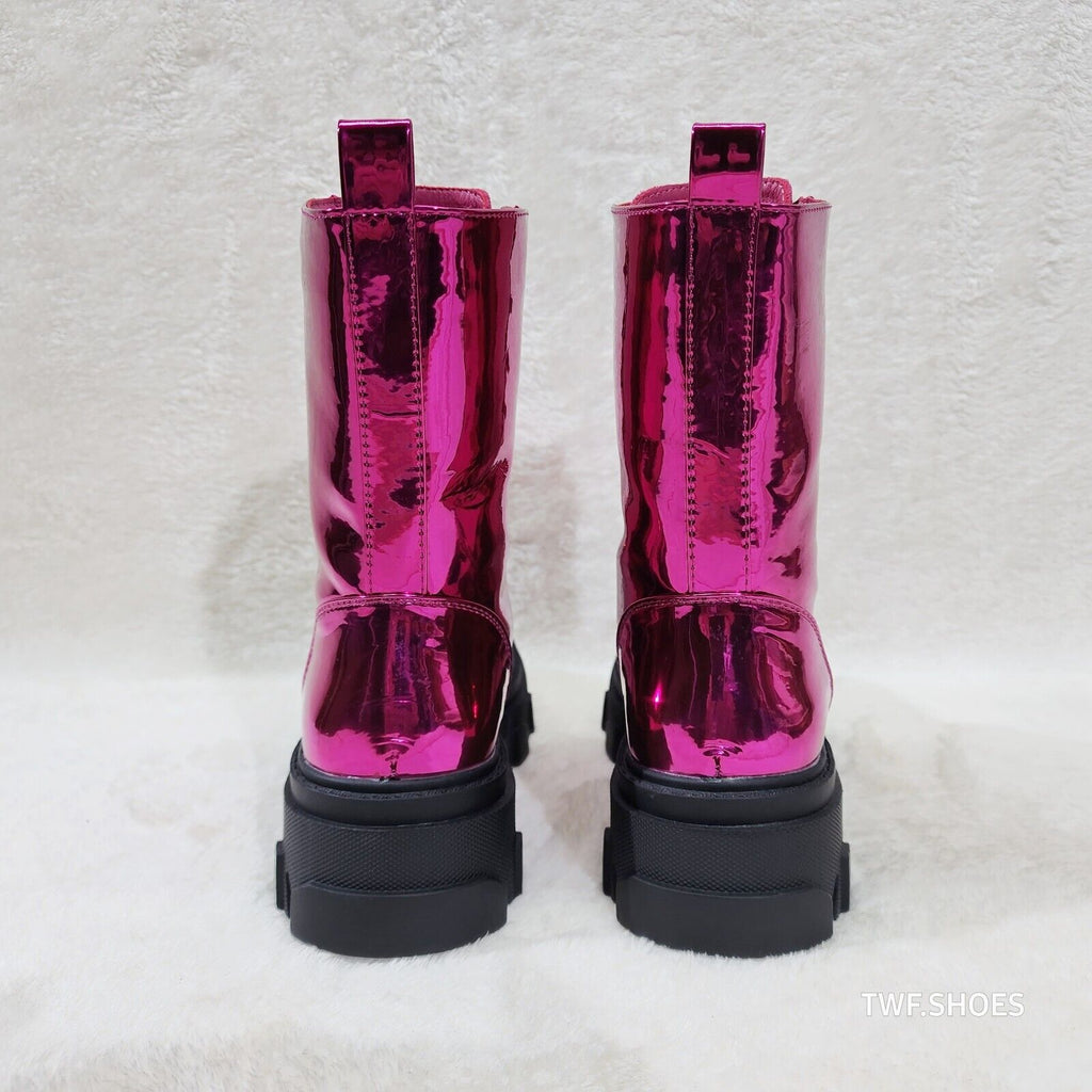 Rowan Metallic Pink Combat Ankle Boots Iridescent Rhinestone Tongue & Rope Laces - Totally Wicked Footwear