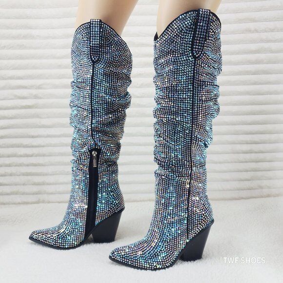 Cape Robbin Diamond Rider Rhinestone Glamour Western Slouch Draped Knee Boots - Totally Wicked Footwear