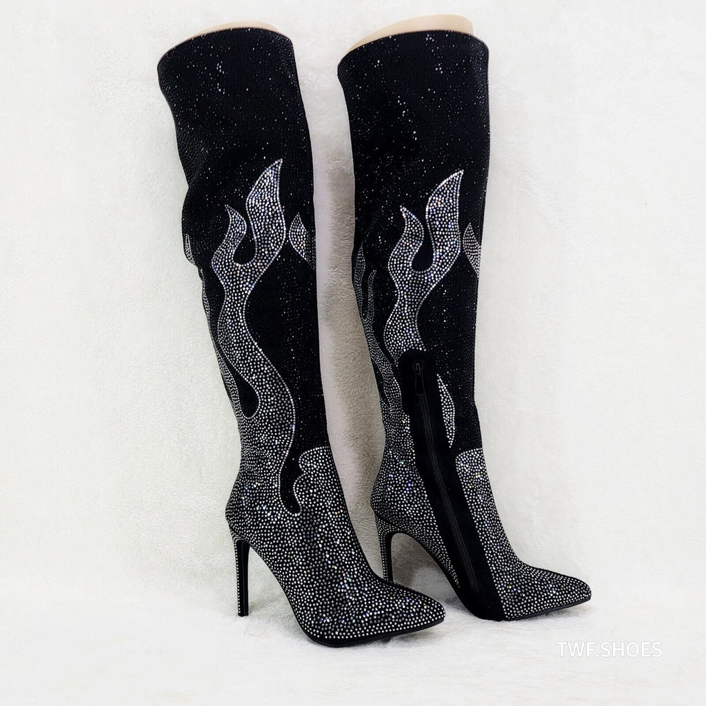 Fiery Desire Black & Silver Rhinestone Flame Detail Sexy OTK Thigh Boots - Totally Wicked Footwear