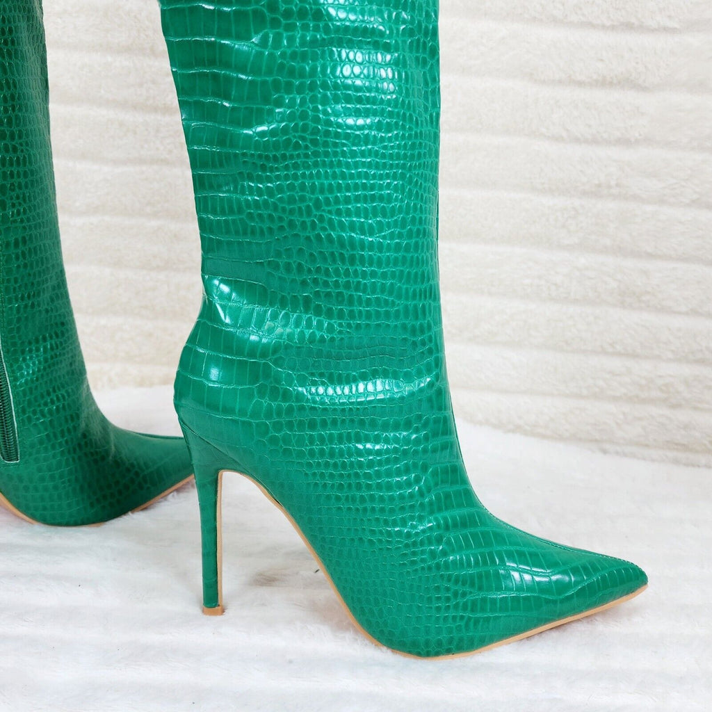 Flirty Green Snake Texture Knee High Heel Stiletto Boots Sexy Feather Top - Totally Wicked Footwear