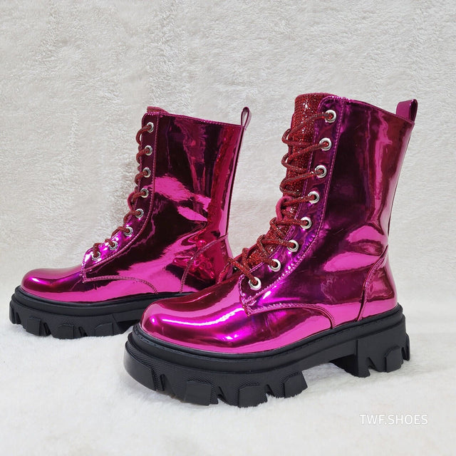 Rowan Metallic Pink Combat Ankle Boots Iridescent Rhinestone Tongue & Rope Laces - Totally Wicked Footwear