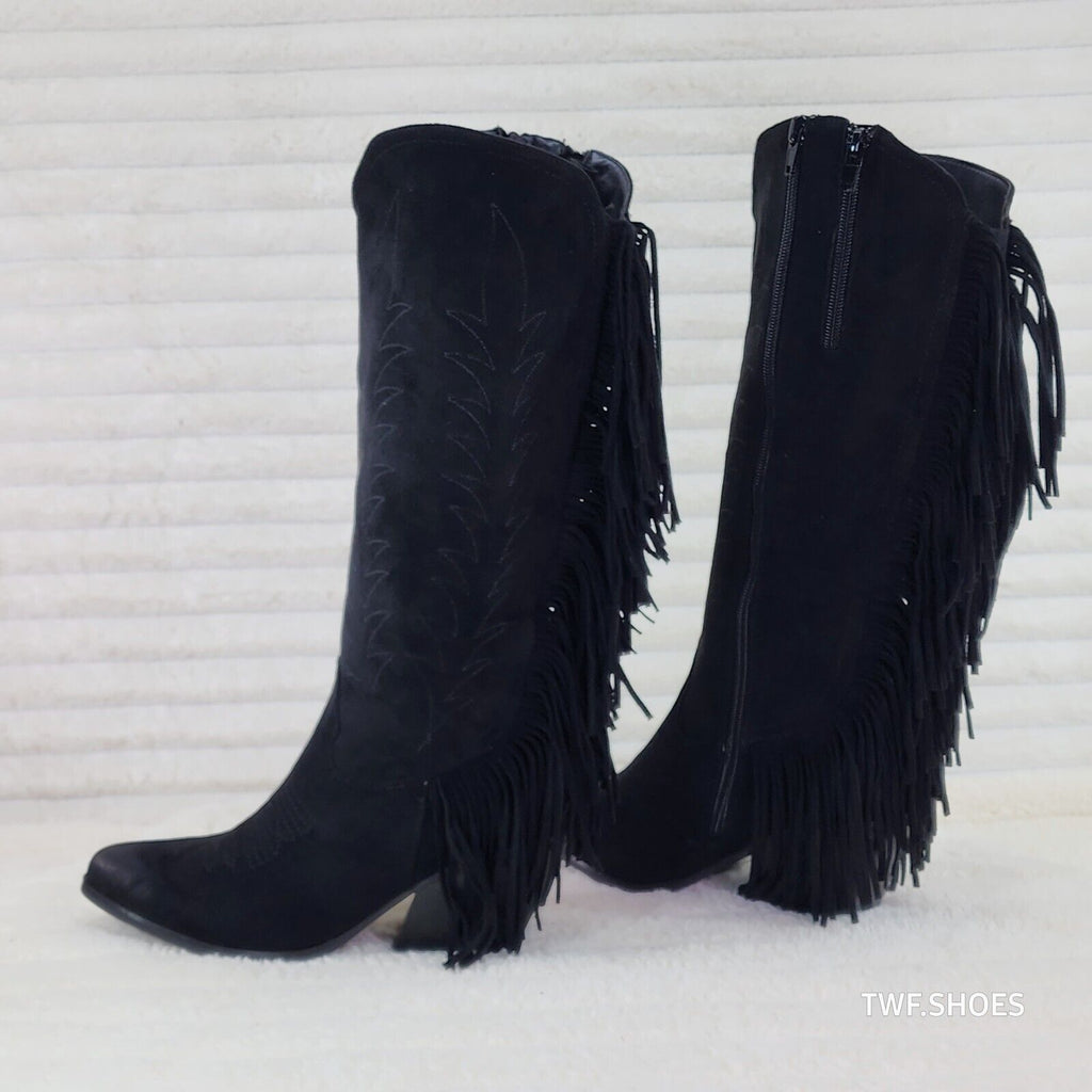 Dusty Roads Black Faux Suede Back Fringe Western Cowgirl Boots - Totally Wicked Footwear