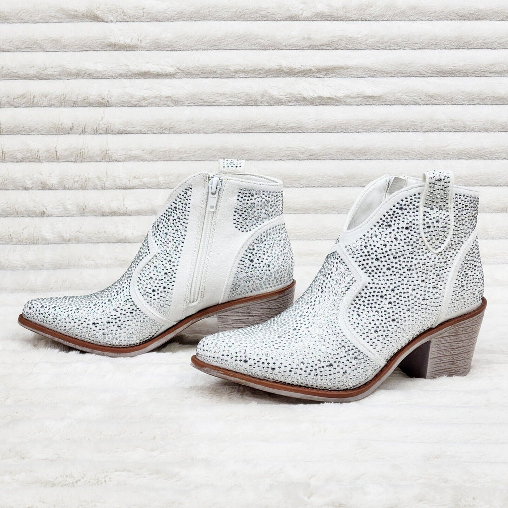 Wild Ones White Glamour Cowboy Rhinestone Cowgirl Ankle Booties Boots - Totally Wicked Footwear
