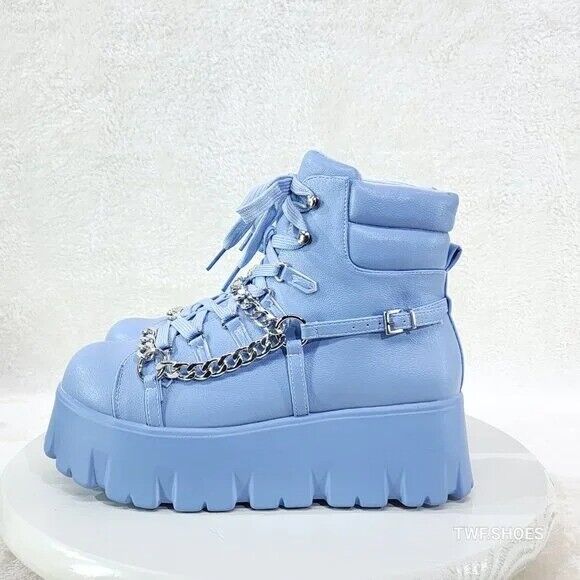 Emo Stomp 2" Platform Stomper Ankle Boots With Chain Design Baby Blue - Totally Wicked Footwear