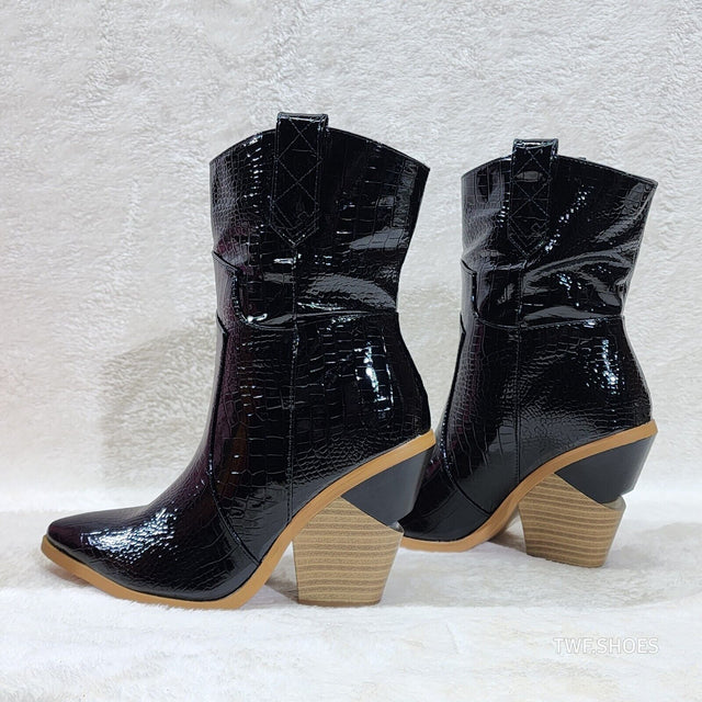 Twisted Black Patent Country Western Cowgirl Ankle Boots 2 Tone Split Cut Heels - Totally Wicked Footwear