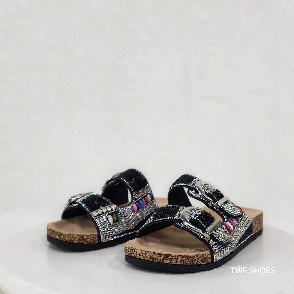 Zany Double Buckle Strap Rhinestone Beaded Slip on Mule Sandals - Totally Wicked Footwear