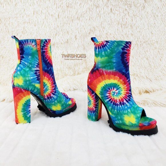 Trippin Colorful Tie Dye Open Toe Chunky Platform Heel Ankle Boots - Totally Wicked Footwear