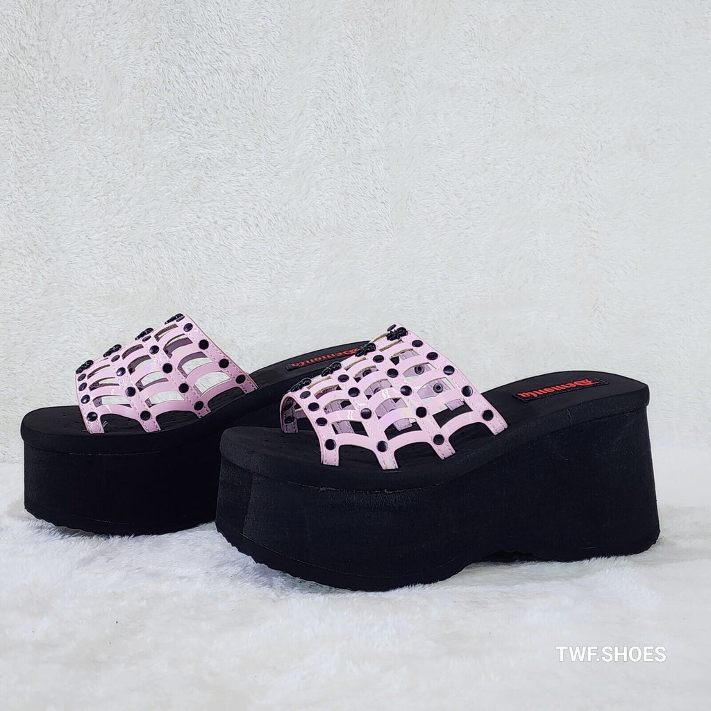 Funn Platform Goth Cut Out Web Sandals Spider Studs Slip On Shoes Pink Hologram - Totally Wicked Footwear