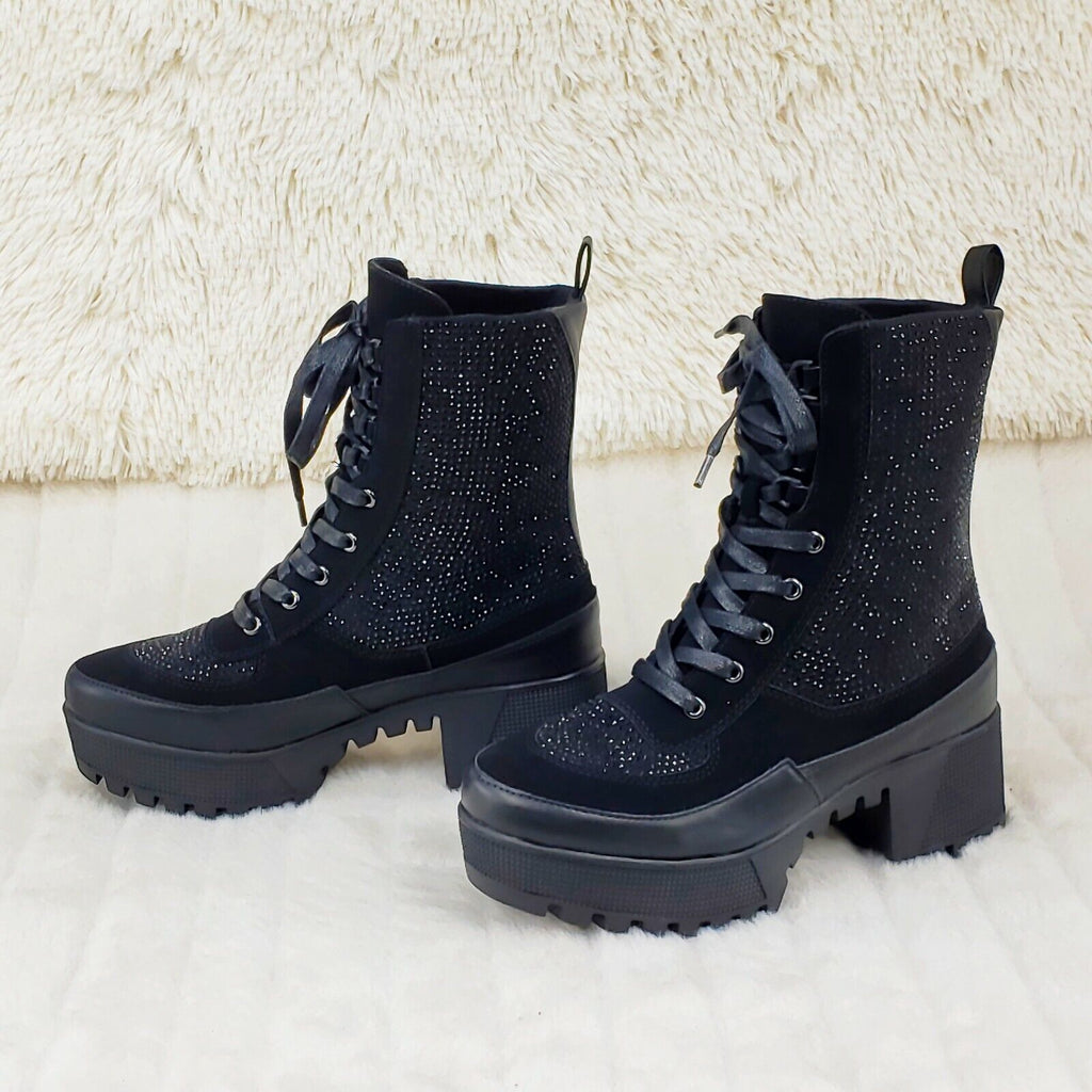 Queen Pin 2 Black Rhinestone Lace Up Platform Sneaker Combat Ankle Boots - Totally Wicked Footwear