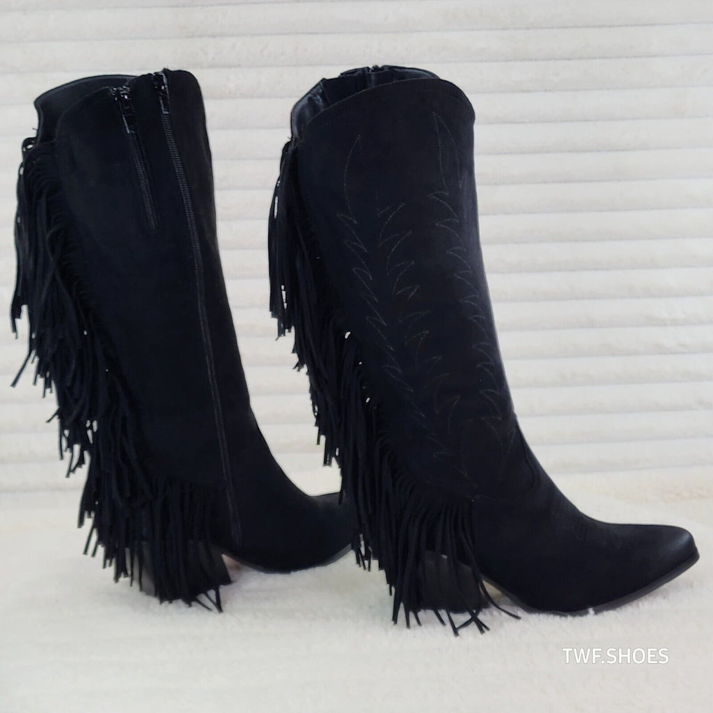 Dusty Roads Black Faux Suede Back Fringe Western Cowgirl Boots - Totally Wicked Footwear