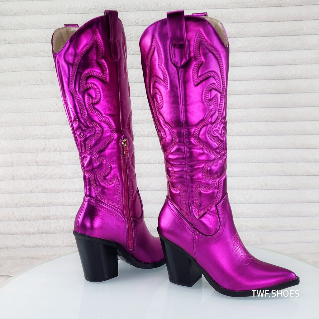 Electric Cowboy Metallic Matte Western Knee High Cowgirl Boots Hot Fuchsia Pink - Totally Wicked Footwear