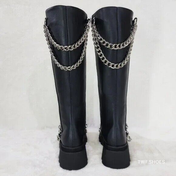 Renegade Lace Up Draped Chain Combat Knee High Boots Goth Punk Rocker Biker Boot - Totally Wicked Footwear