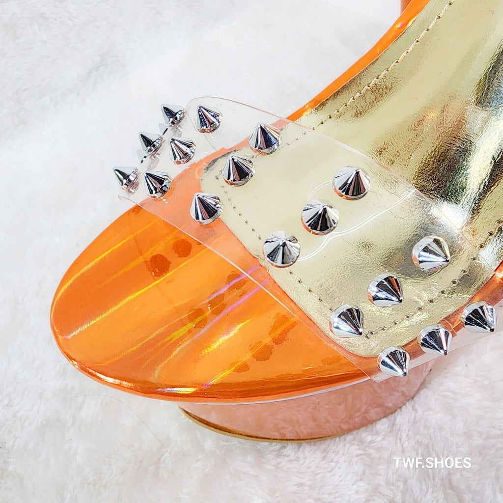 Bulls Sleek Slim 8" Towering Platform Heels Orange Double Clear Spiked Straps - Totally Wicked Footwear