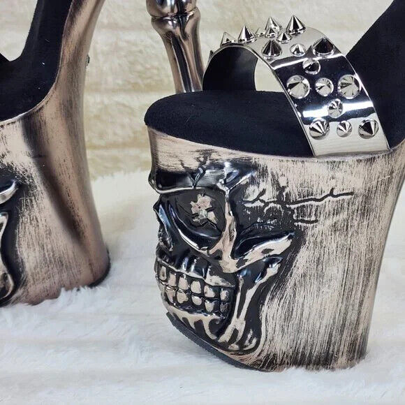 Rapture Silver Pewter Spike Skull & Bones LED 8" High Heel Platform Shoes NY - Totally Wicked Footwear