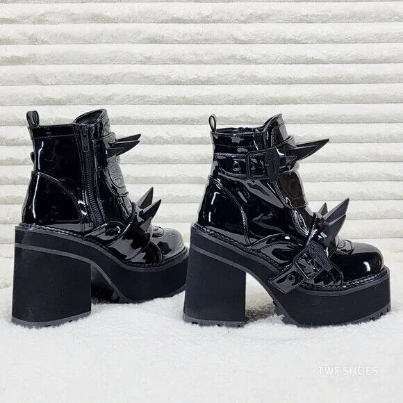 Demonia Assault Black Patent Claw Spiked Platform Ankle Boots Goth Biker Grunge - Totally Wicked Footwear