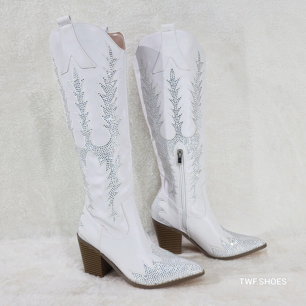 Rodeo Flash White Matte Rhinestone Western Knee High Cowgirl Boots - Totally Wicked Footwear