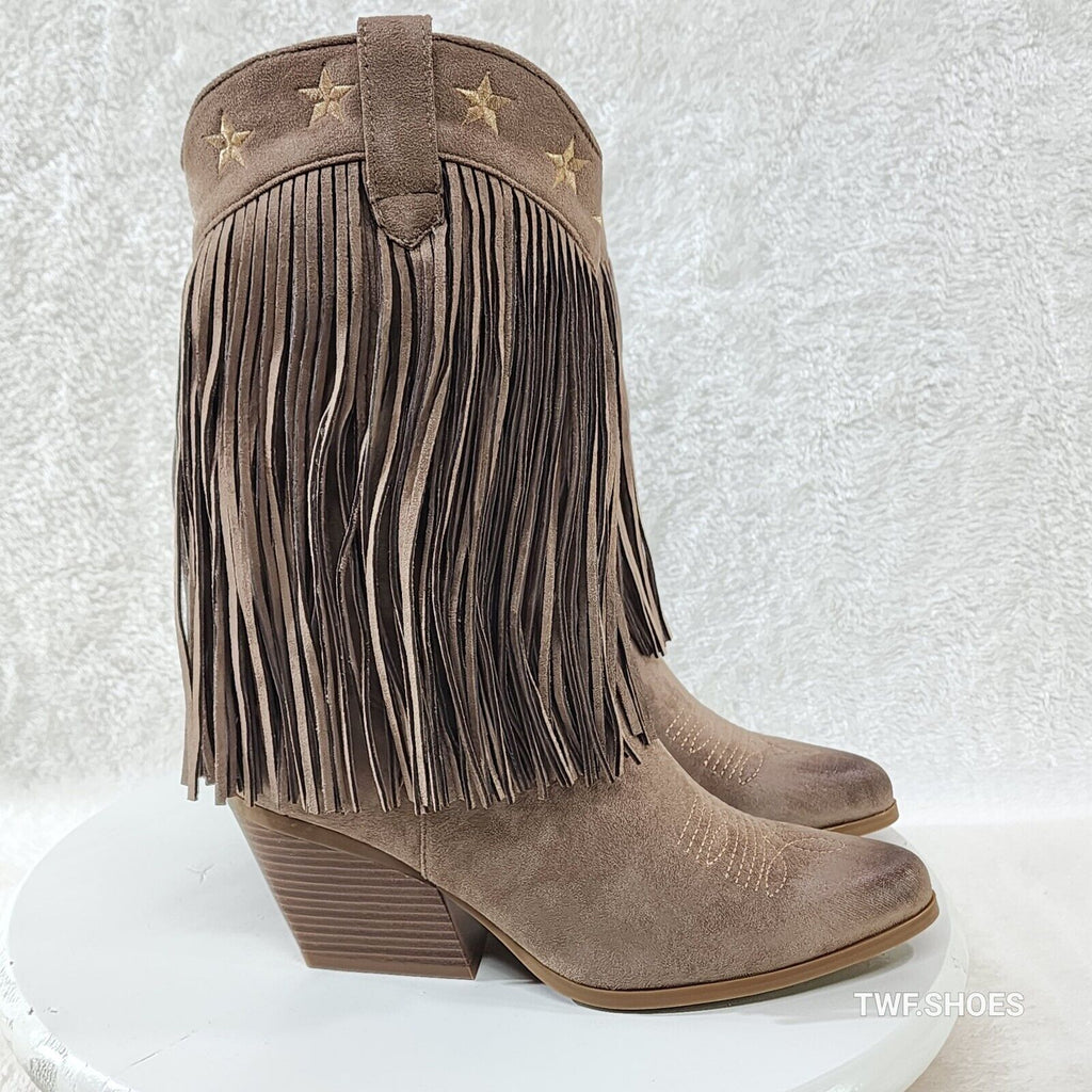 Dusty Mid Calf Coco Taupe Fringe Country Western Cowgirl Boots - Totally Wicked Footwear