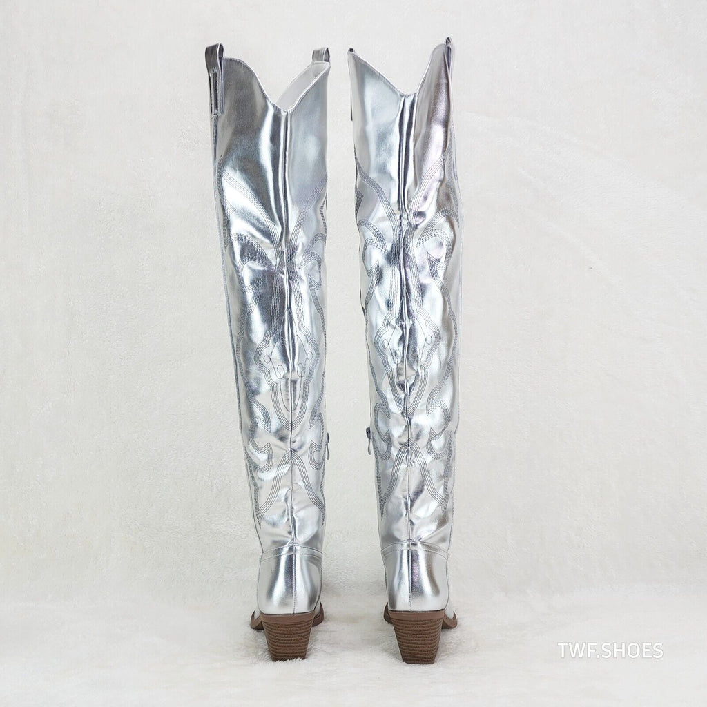Country Disco Cowboy Metallic Silver Western Cowgirl OTK Thigh Boots - Totally Wicked Footwear