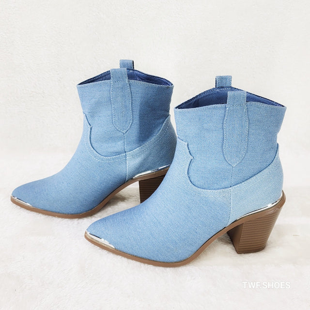 West World Denim Blue Cowgirl Country Western Ankle Boots - Totally Wicked Footwear