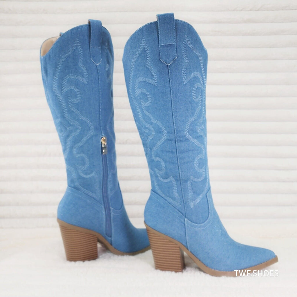 Electric Cowboy Medium Denim Stitched Western Knee High Cowgirl Boots - Totally Wicked Footwear