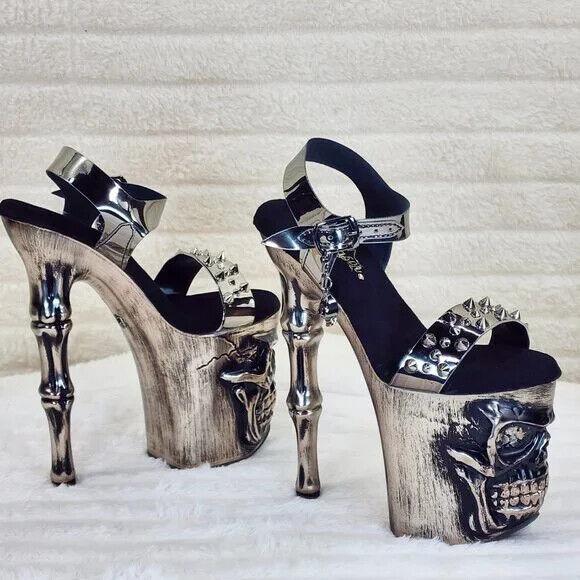 Rapture Silver Pewter Spike Skull & Bones LED 8" High Heel Platform Shoes NY - Totally Wicked Footwear