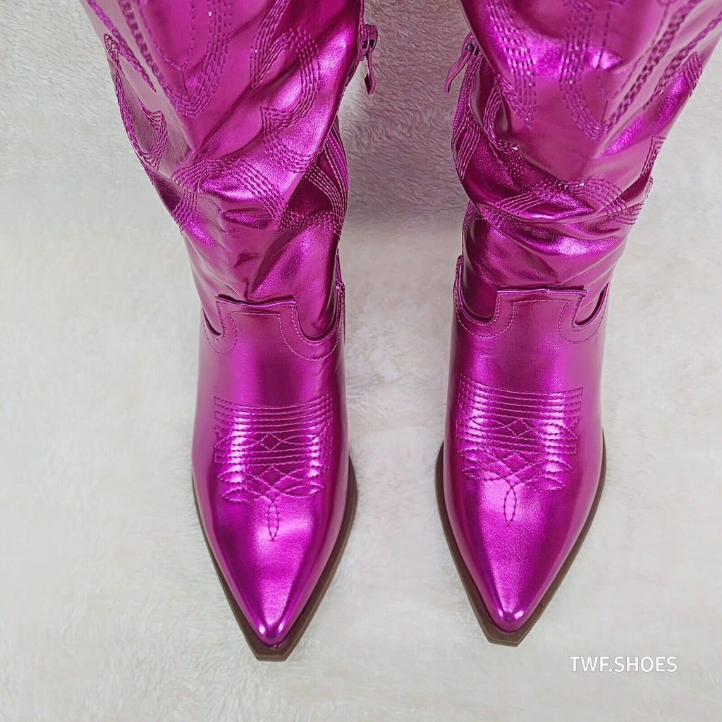 Country Disco Cowboy Metallic Hot Pink Western Cowgirl OTK Thigh Boots - Totally Wicked Footwear