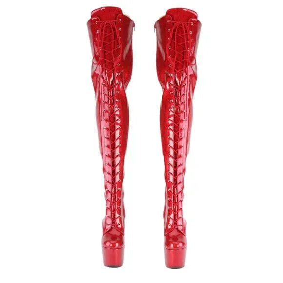 3020 Red Glitter Patent 3020 Lace Up Thigh High Platform Boots Adore 7" Heels - Totally Wicked Footwear